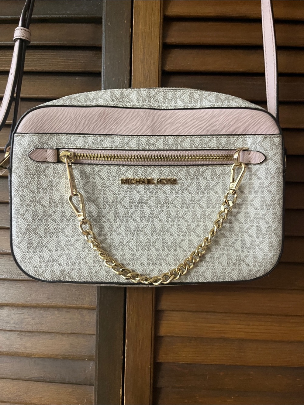 Michael Kors Pink and Cream Signature Crossbody Bag with Gold Hardware